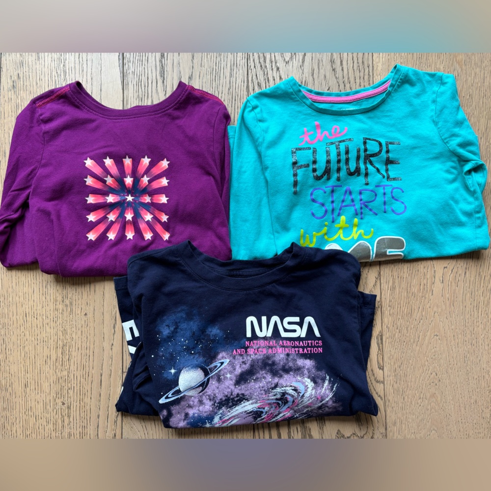 GAP Kids Girls 3 Long Sleeve Tees NASA Stars M(8) - Turquoise, Purple, Navy